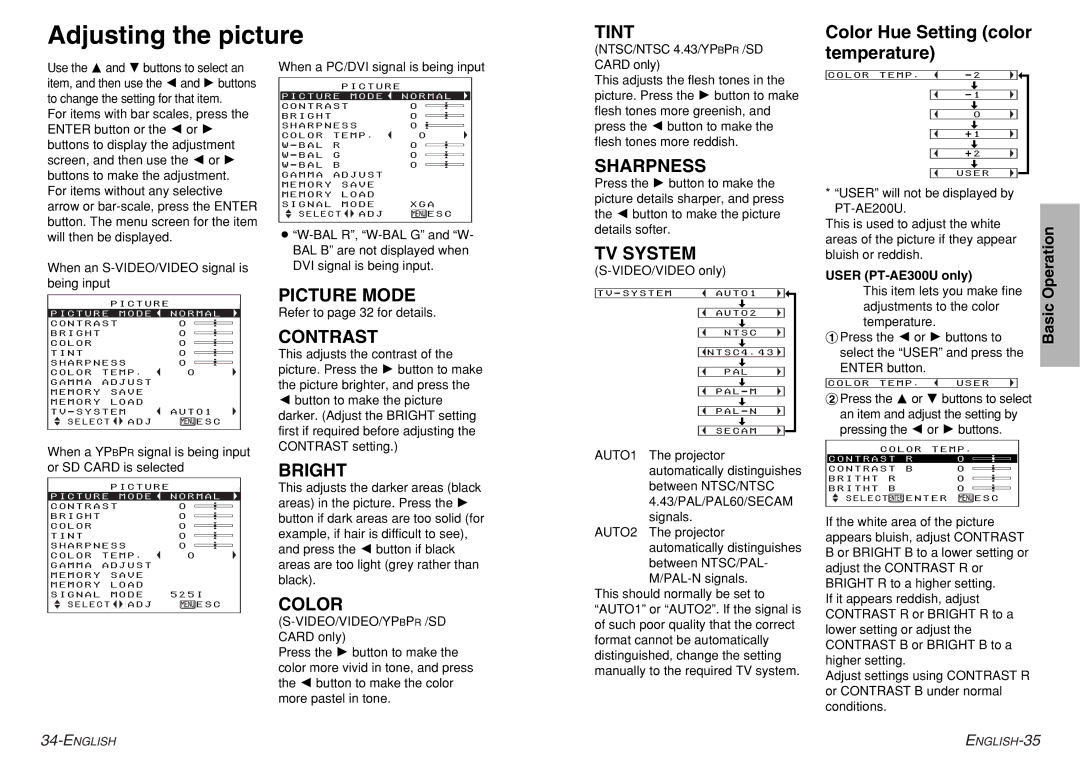 Philips PT-AE300U, PT-AE200U manual Adjusting the picture 