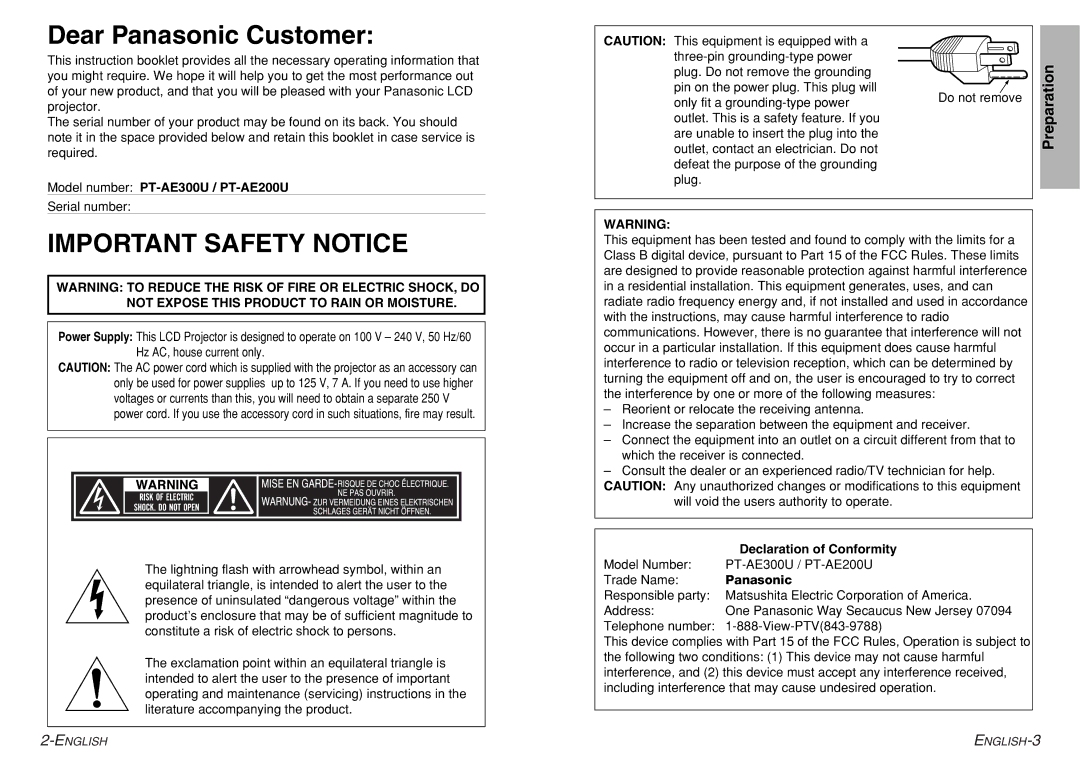 Philips manual Dear Panasonic Customer, Model number PT-AE300U / PT-AE200U, Declaration of Conformity 