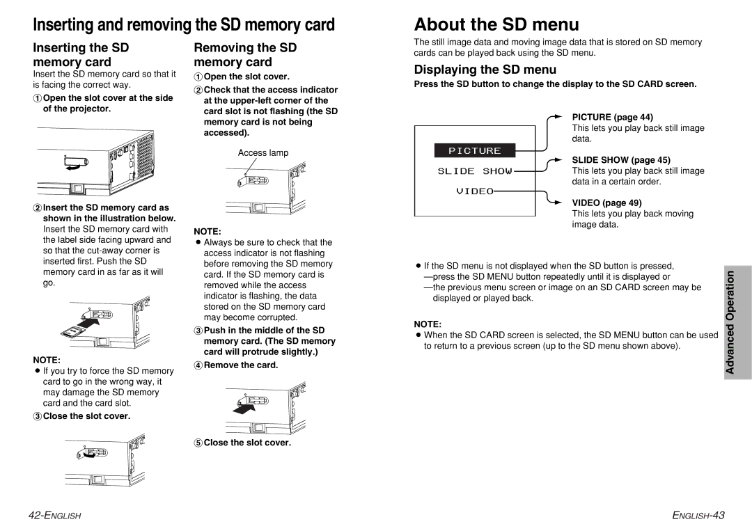 Philips PT-AE200U About the SD menu, Inserting the SD memory card, Removing the SD memory card, Displaying the SD menu 