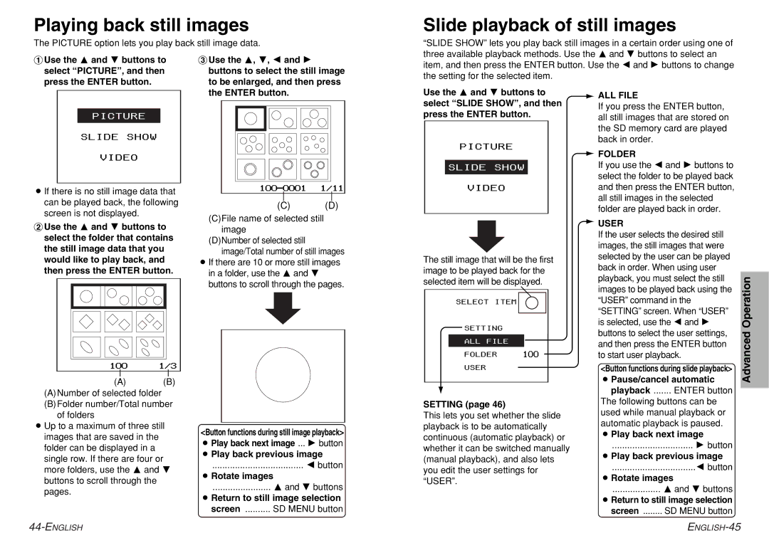 Philips PT-AE300U, PT-AE200U manual Playing back still images, Slide playback of still images, ALL File, Folder, User 