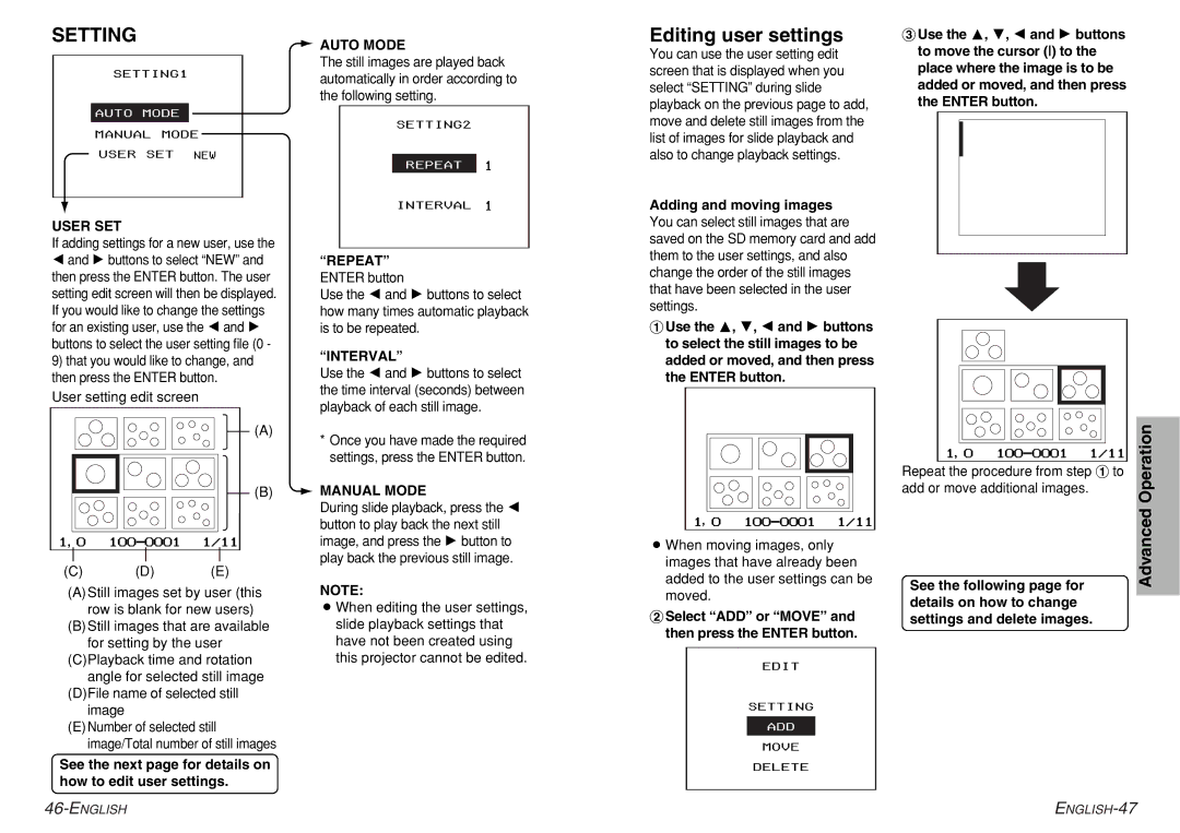 Philips PT-AE300U, PT-AE200U manual Setting, Editing user settings 