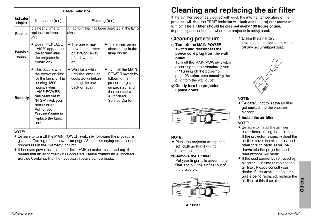 Philips PT-AE300U, PT-AE200U manual Cleaning and replacing the air filter, Cleaning procedure 