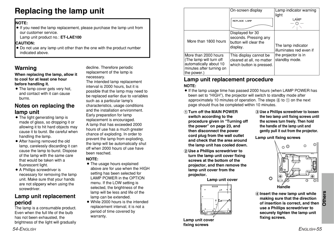 Philips PT-AE200U, PT-AE300U manual Replacing the lamp unit, Lamp unit replacement procedure, Lamp unit replacement period 