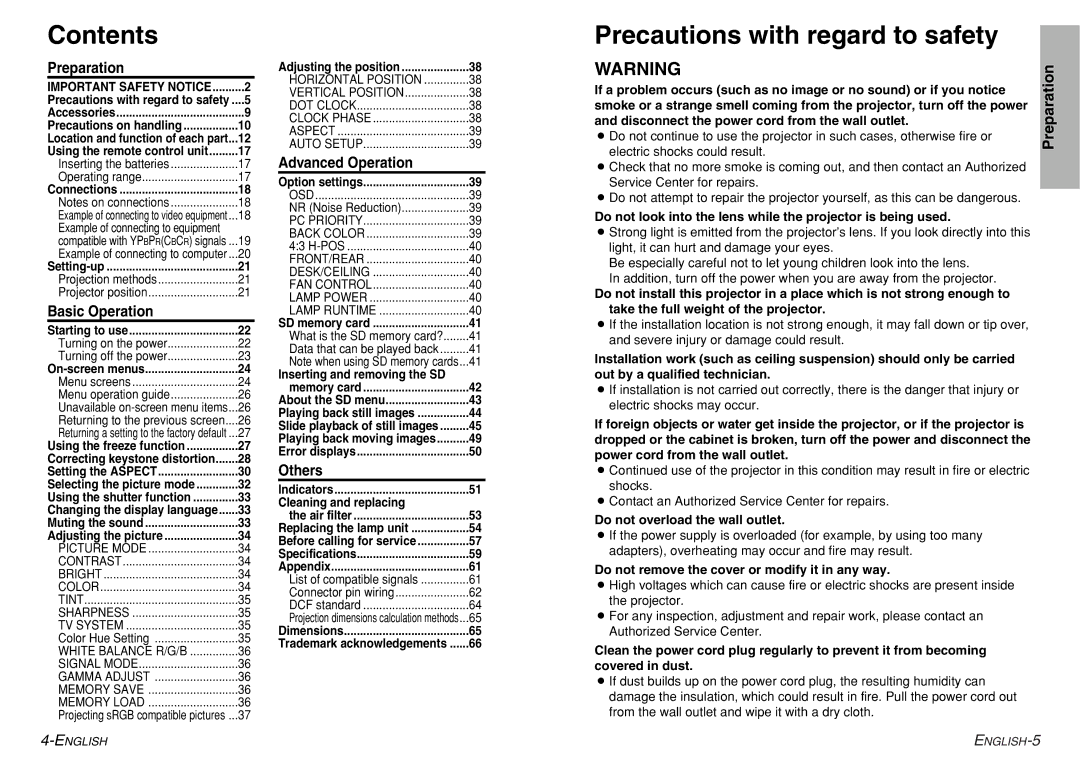 Philips PT-AE300U, PT-AE200U manual Contents, Precautions with regard to safety 