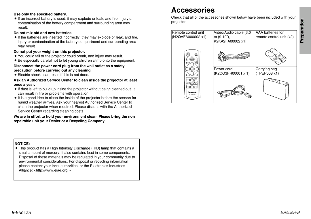 Philips PT-AE300U, PT-AE200U manual Accessories, Use only the specified battery, Do not mix old and new batteries 