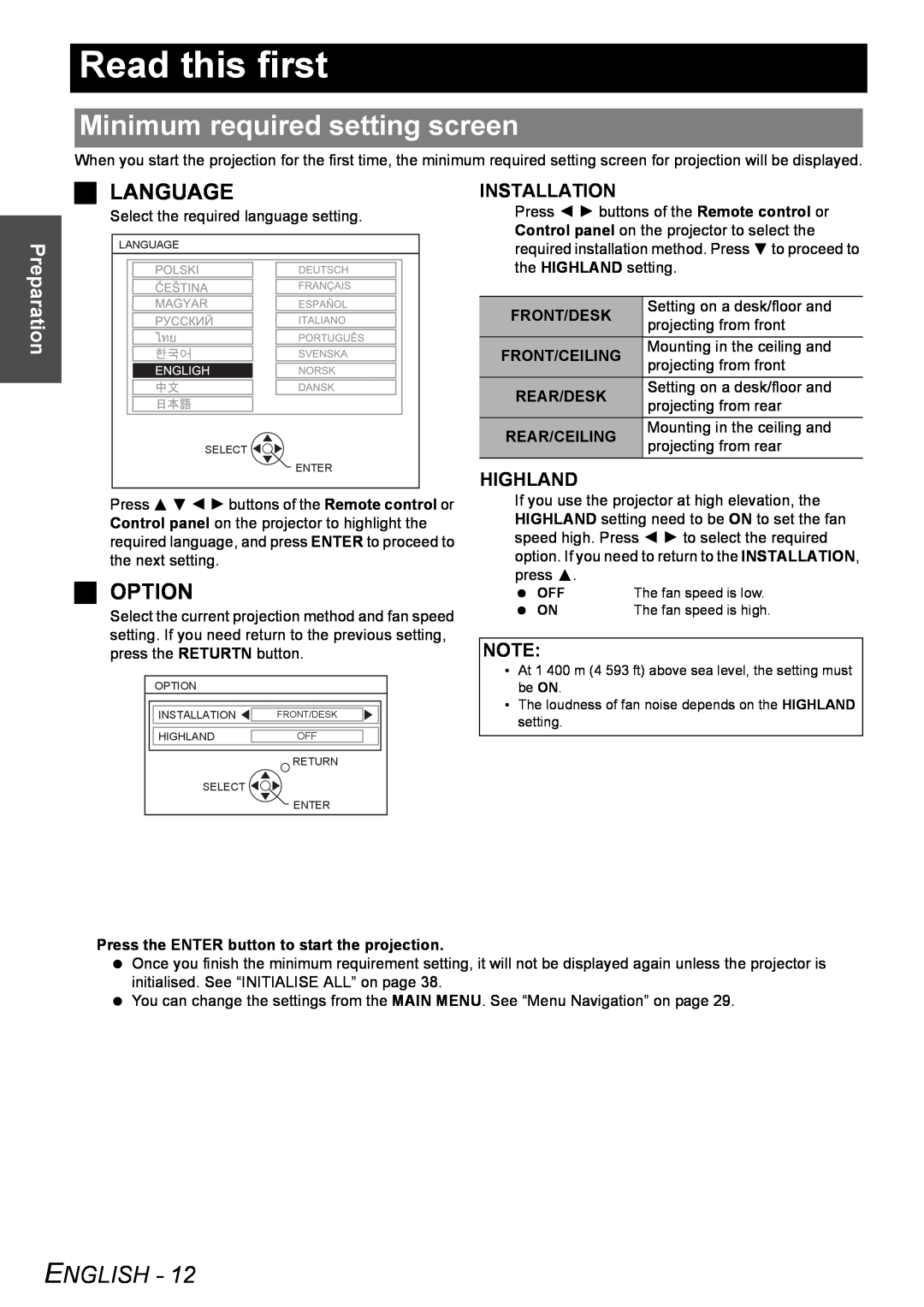 Philips PT-F100NTE Read this first, Minimum required setting screen, Language, Option, Preparation, Installation, Highland 