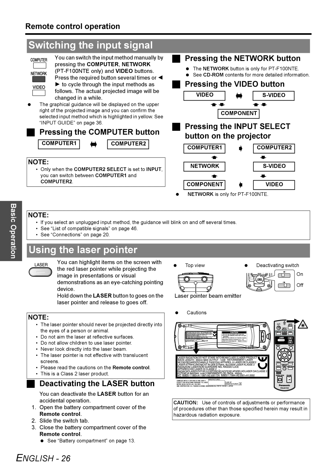 Philips PT-F100NTE manual Switching the input signal, Using the laser pointer, Remote control operation, English 