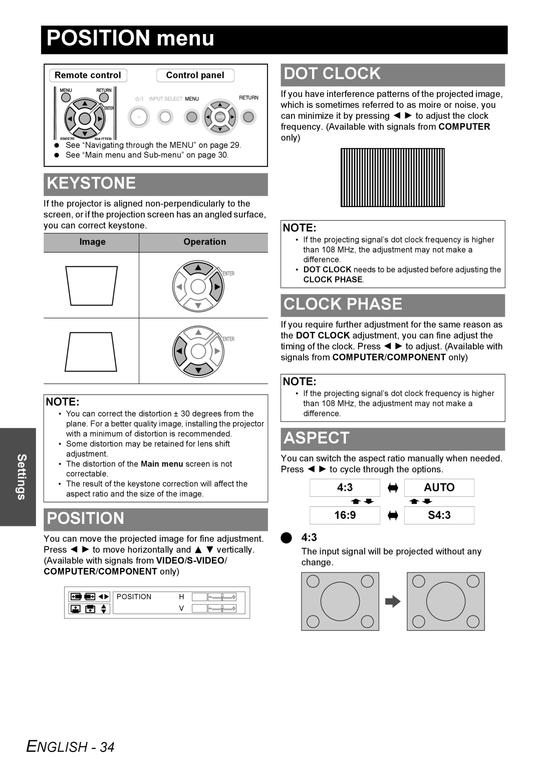 Philips PT-F100NTE manual POSITION menu, Dot Clock, Keystone, Position, Clock Phase, Aspect, English, Settings, Auto 