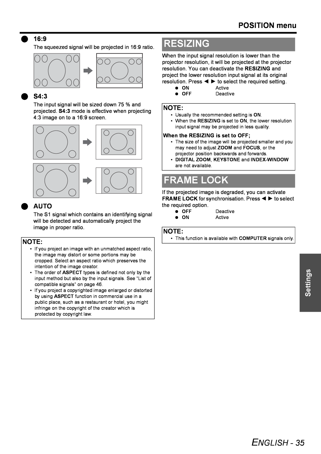 Philips PT-F100NTE manual Resizing, Frame Lock, POSITION menu, English, Settings, Auto 