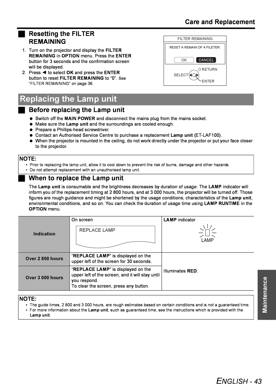 Philips PT-F100NTE Replacing the Lamp unit, Care and Replacement, Resetting the FILTER, Remaining, English, Maintenance 