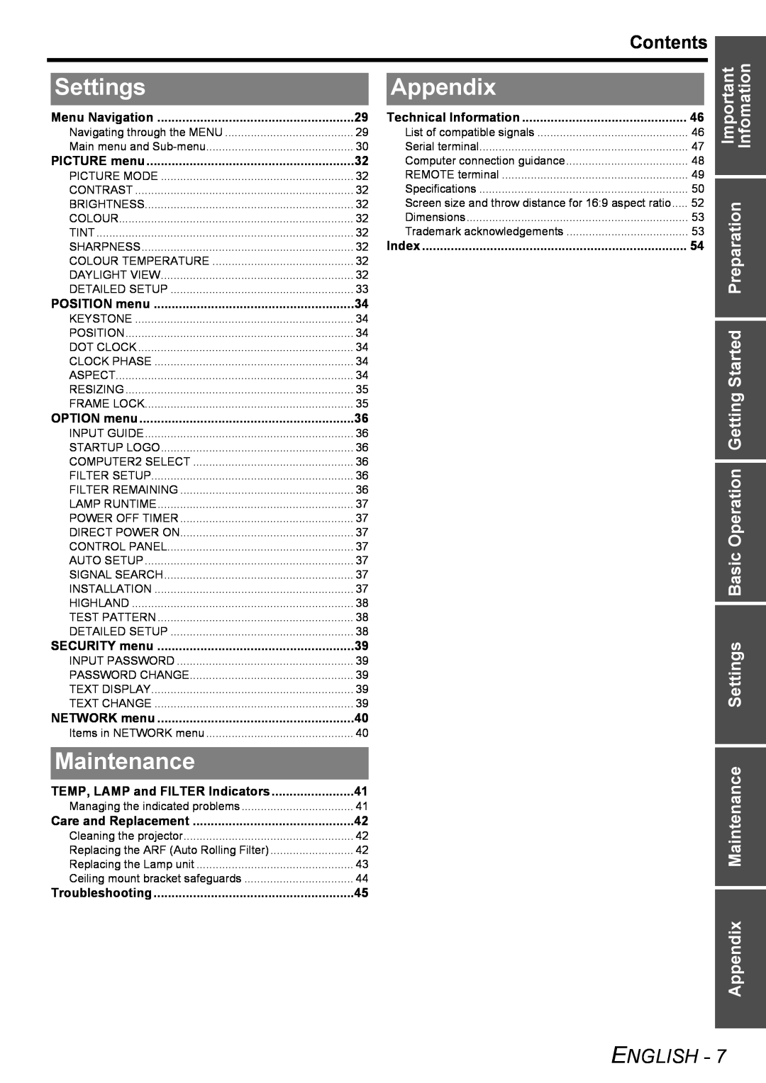 Philips PT-F100NTE manual Settings, Contents, Important Infomation Preparation, Maintenance Appendix, English 