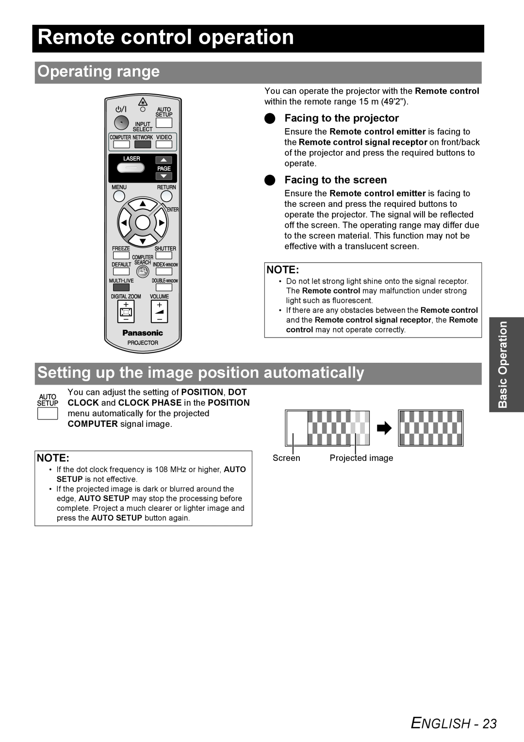 Philips PT-FW100NTU Remote control operation, Operating range, Setting up the image position automatically, Operation 