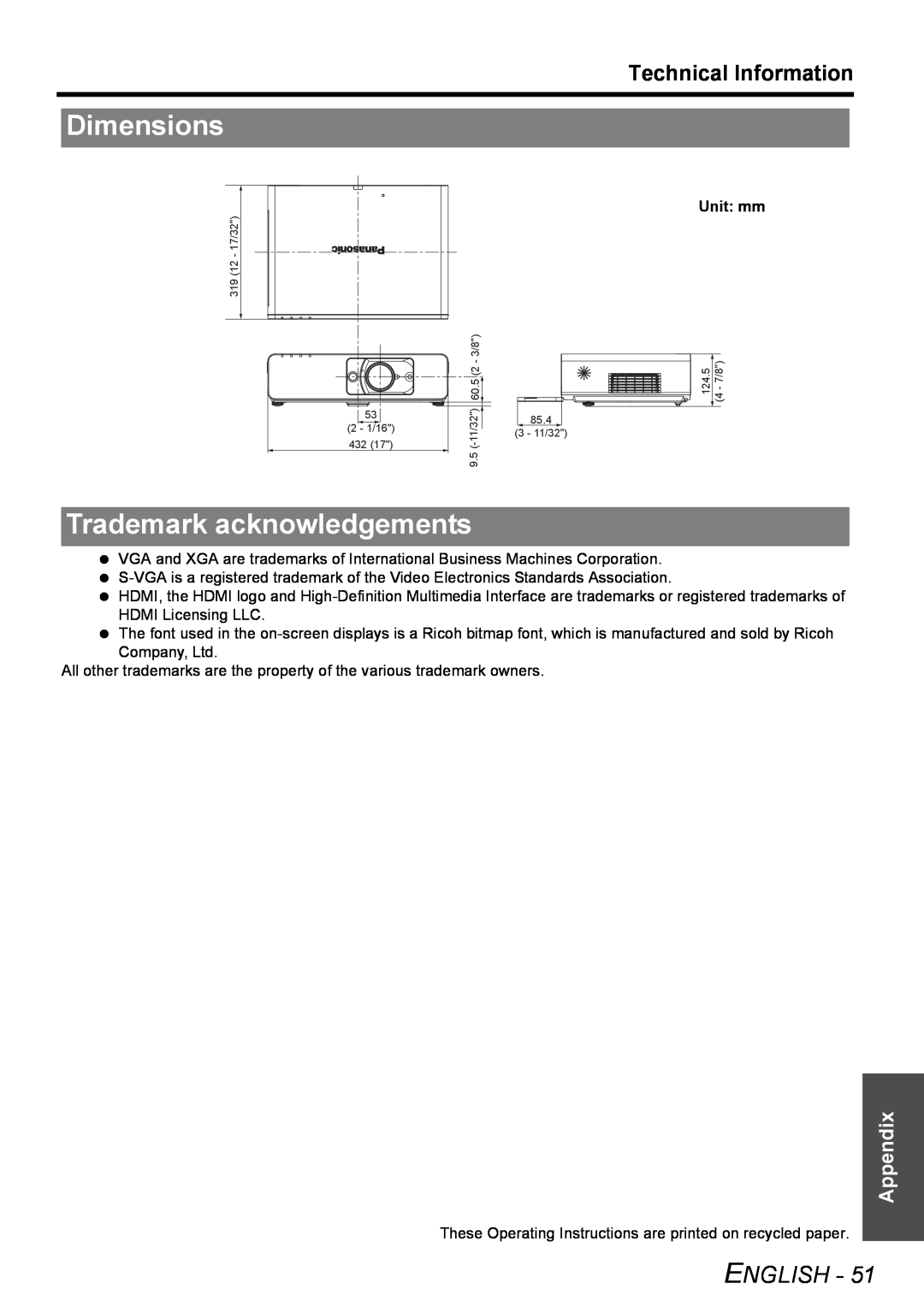 Philips PT-FW100NTU manual Dimensions, Trademark acknowledgements, English, Technical Information, Appendix 