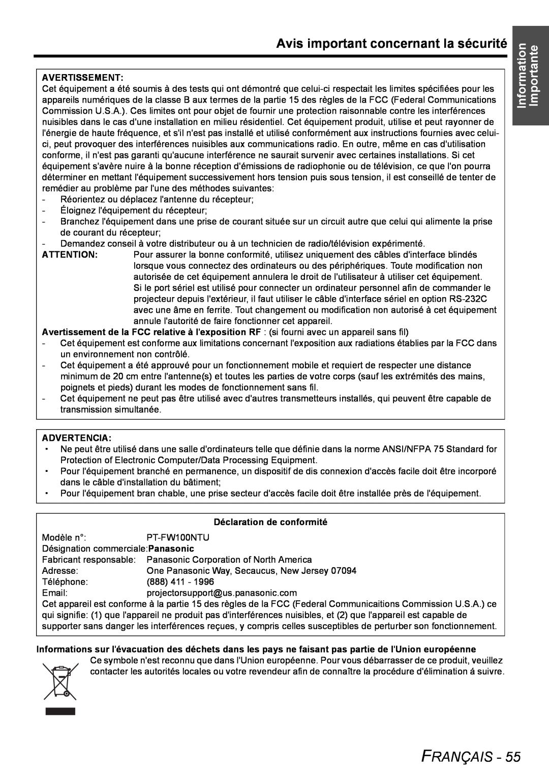 Philips PT-FW100NTU manual Avis important concernant la sécurité, Information Importante, Français 
