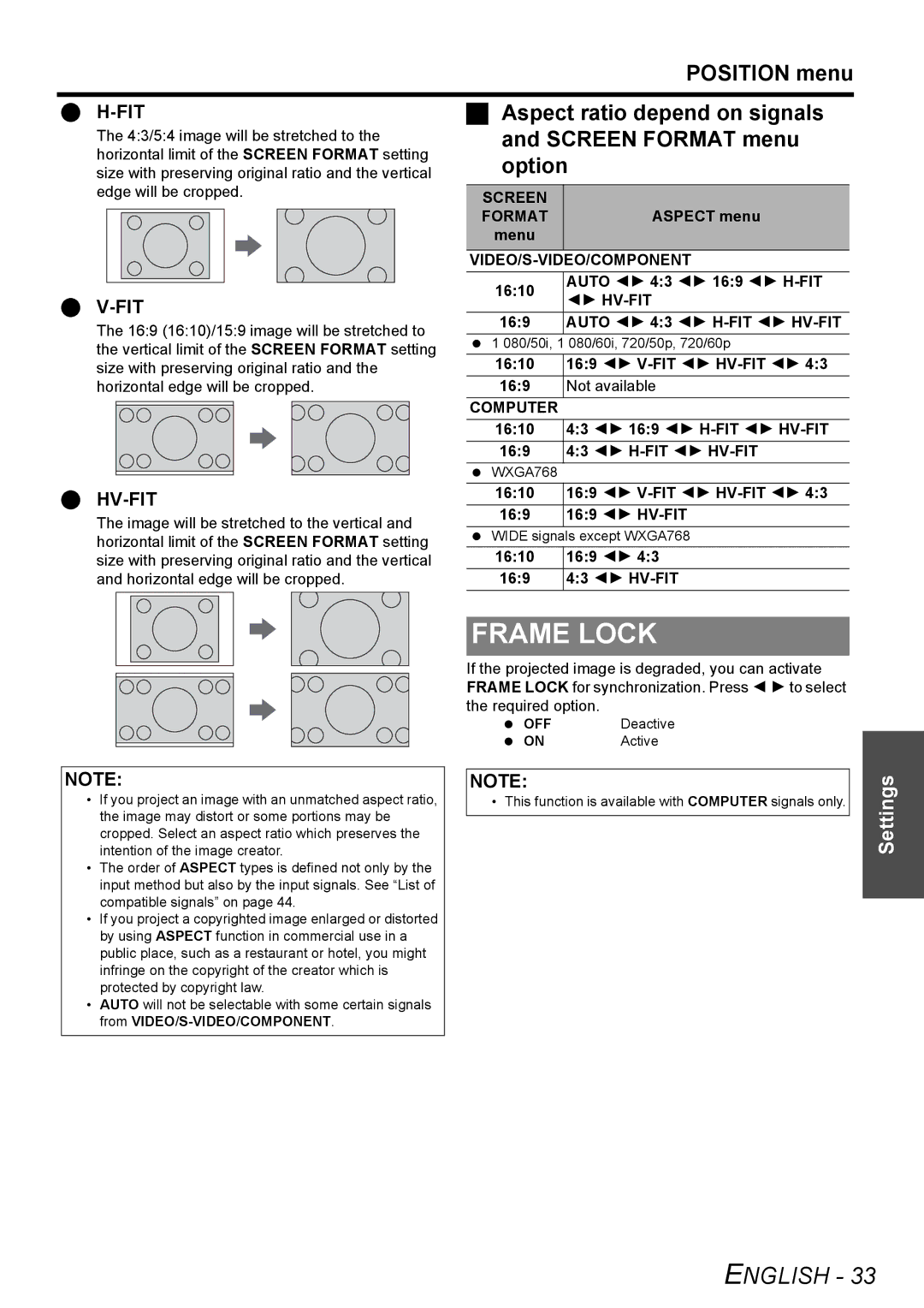 Philips PT-FW100NTU manual Frame Lock, Aspect ratio depend on signals, Screen Format menu, Option 