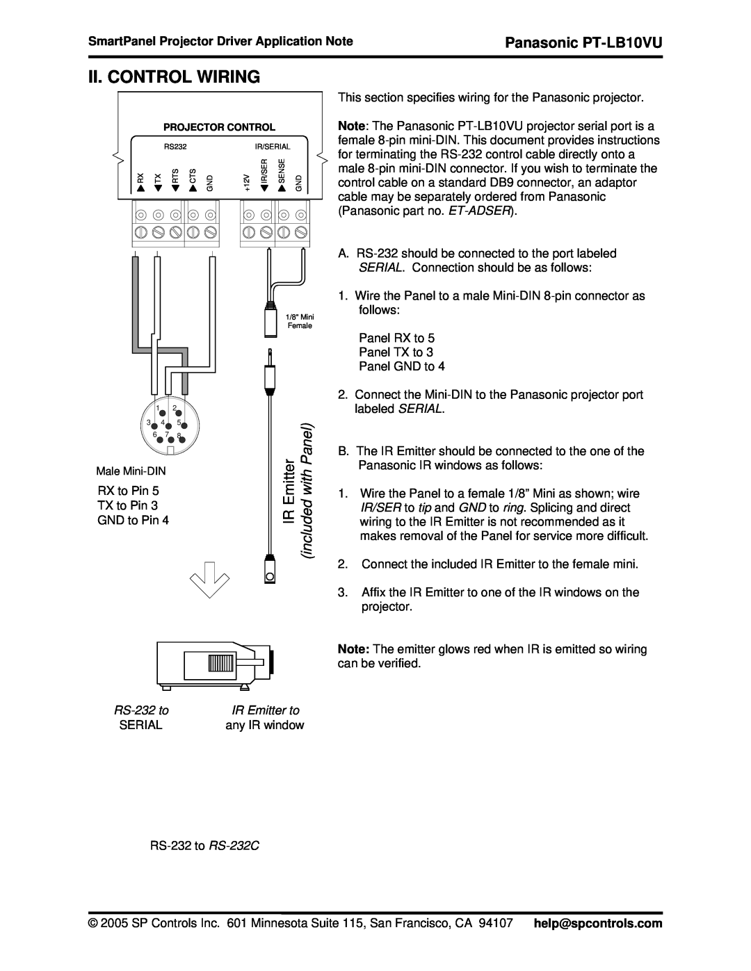 Philips quick start Ii. Control Wiring, Panasonic PT-LB10VU, SmartPanel Projector Driver Application Note 