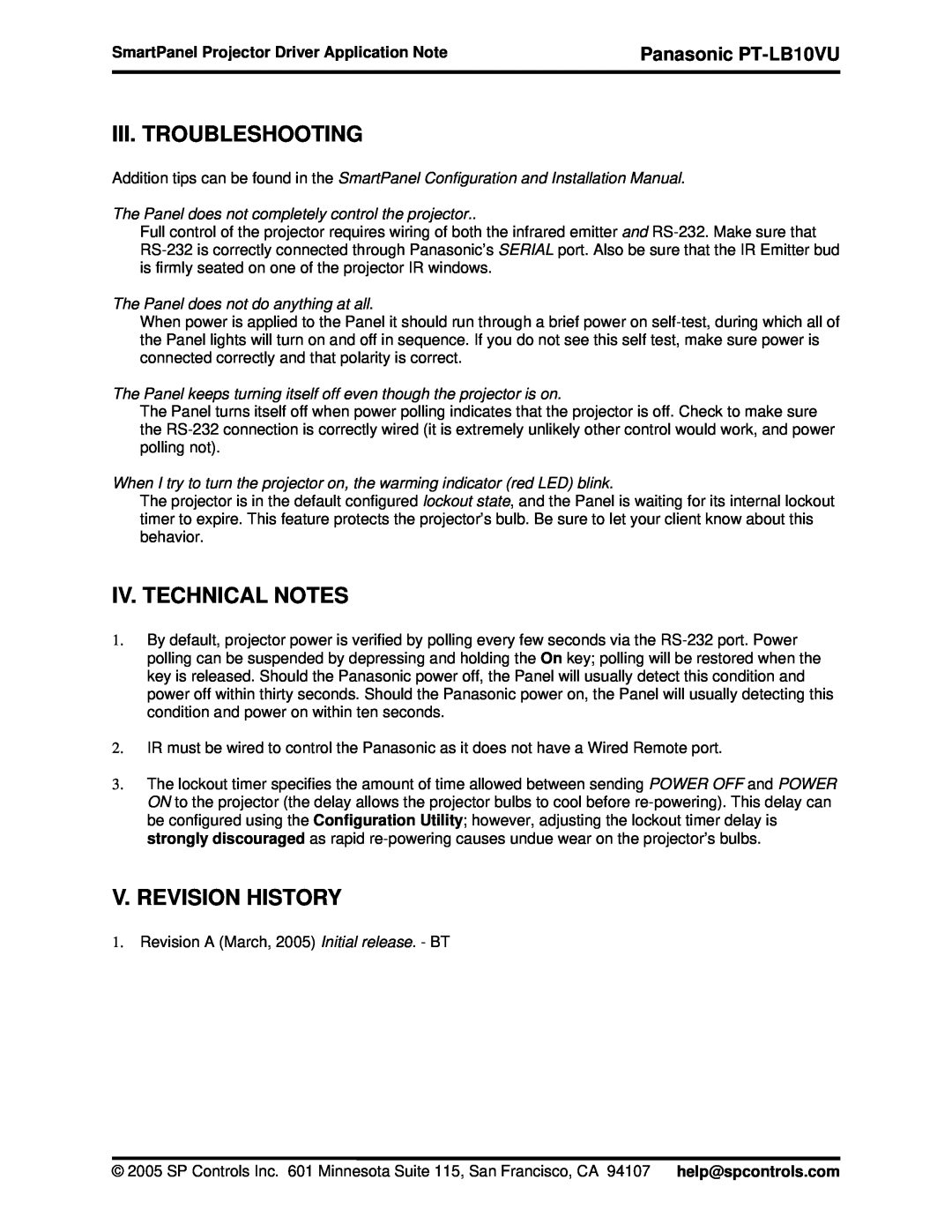 Philips quick start Iii. Troubleshooting, Iv. Technical Notes, V. Revision History, Panasonic PT-LB10VU 