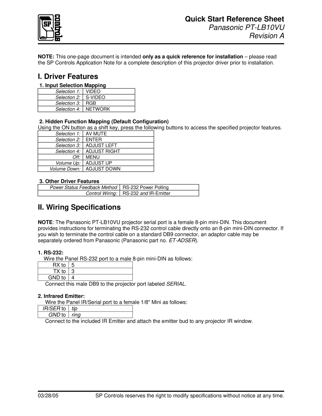 Philips PT-LB10VU quick start Quick Start Reference Sheet, Driver Features, II. Wiring Specifications 