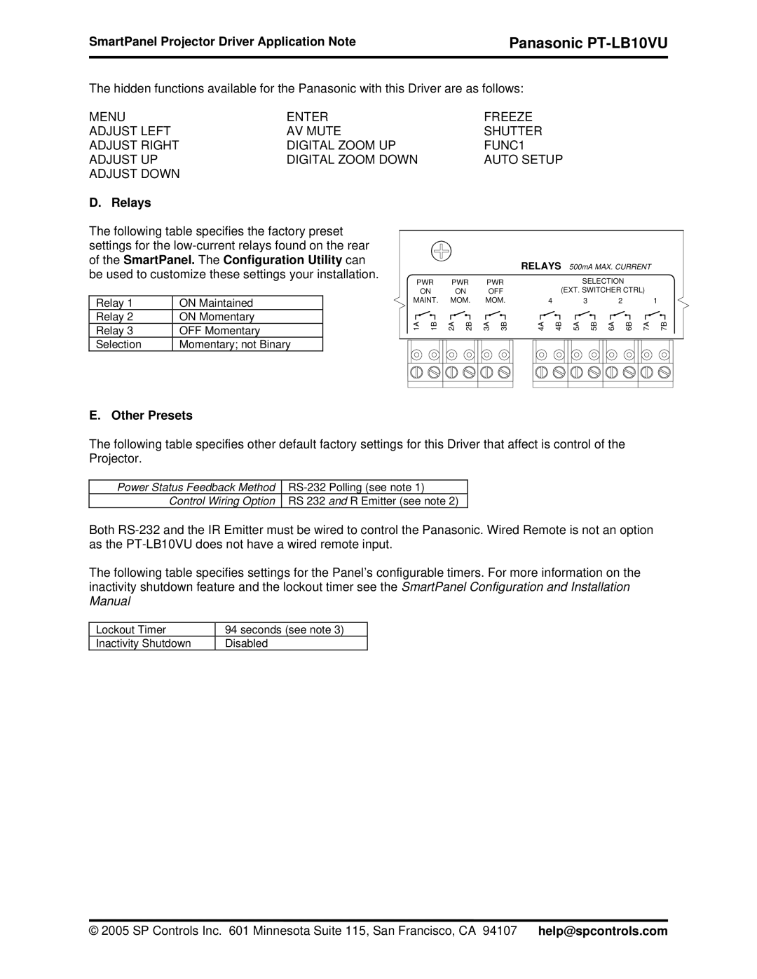 Philips PT-LB10VU quick start SmartPanel Projector Driver Application Note, Relays, Other Presets 