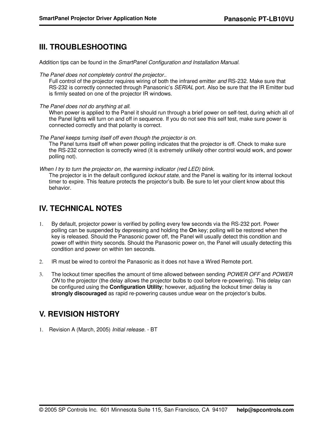 Philips PT-LB10VU III. Troubleshooting, IV. Technical Notes, Revision History, Panel does not do anything at all 