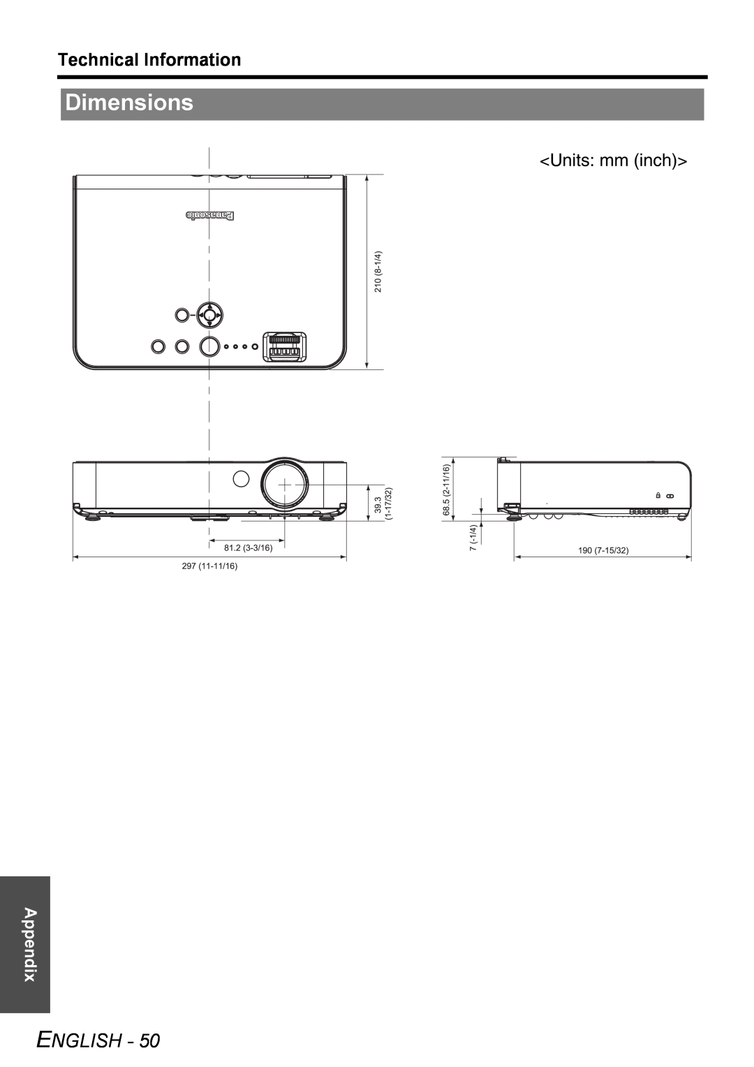 Philips PT-LB51SU manual Dimensions, English, Technical Information, Units mm inch, Appendix 