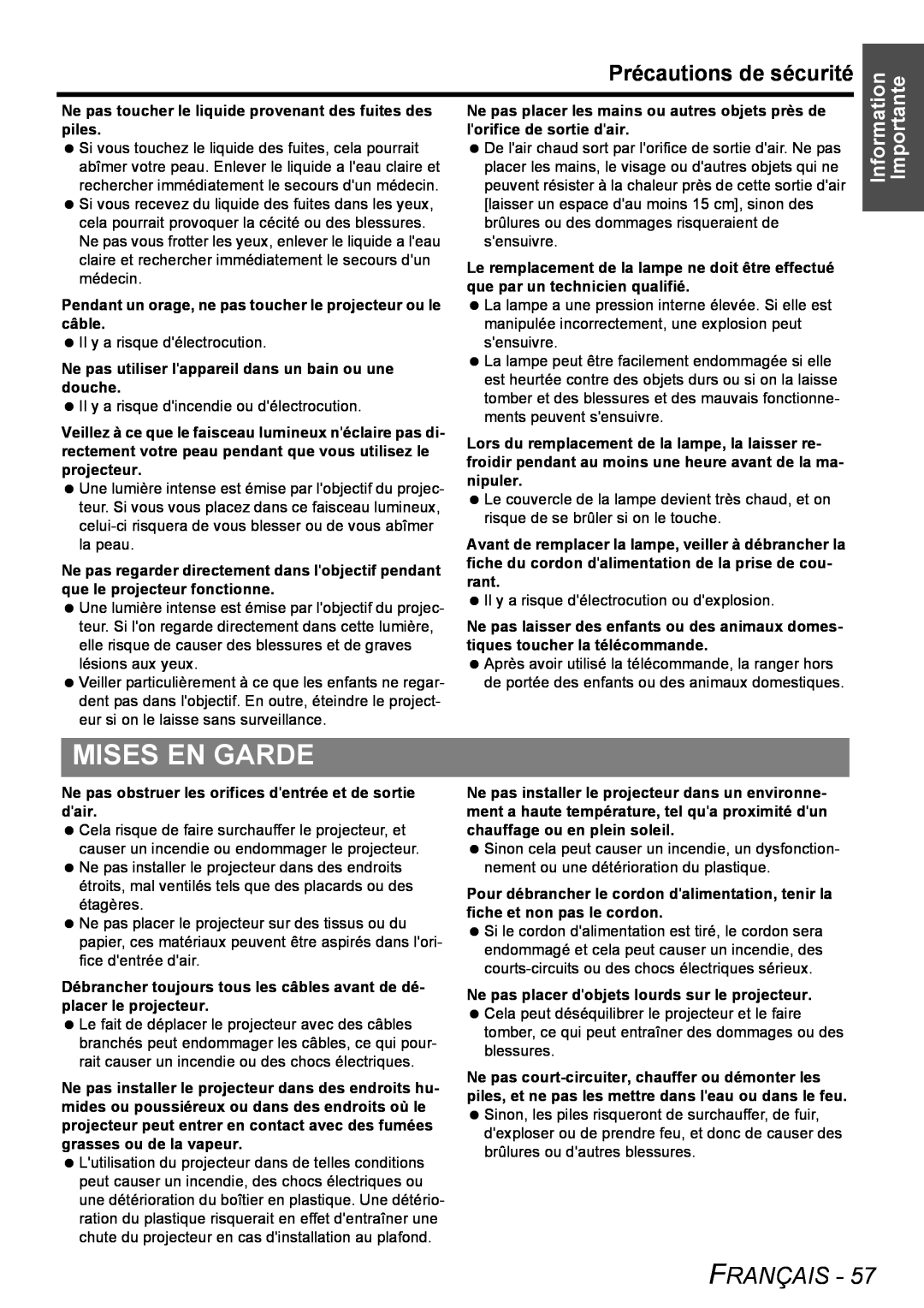 Philips PT-LB51SU manual Mises En Garde, Précautions de sécurité, Français 