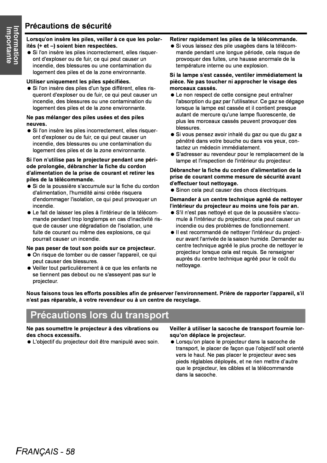 Philips PT-LB51SU manual Précautions lors du transport, Français, Précautions de sécurité, Information Importante 
