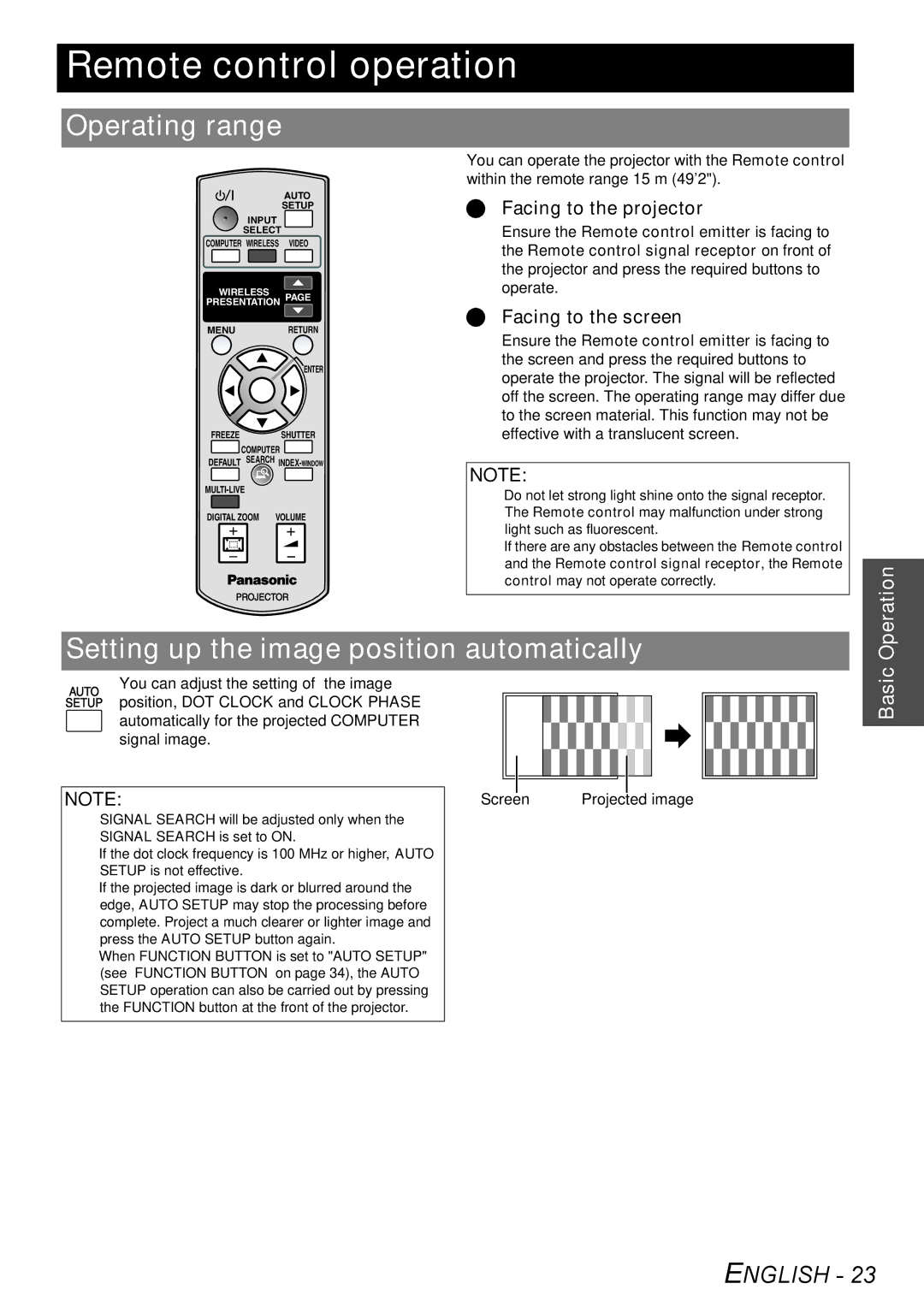 Philips PT-LB51SU manual Remote control operation, Operating range, Setting up the image position automatically 