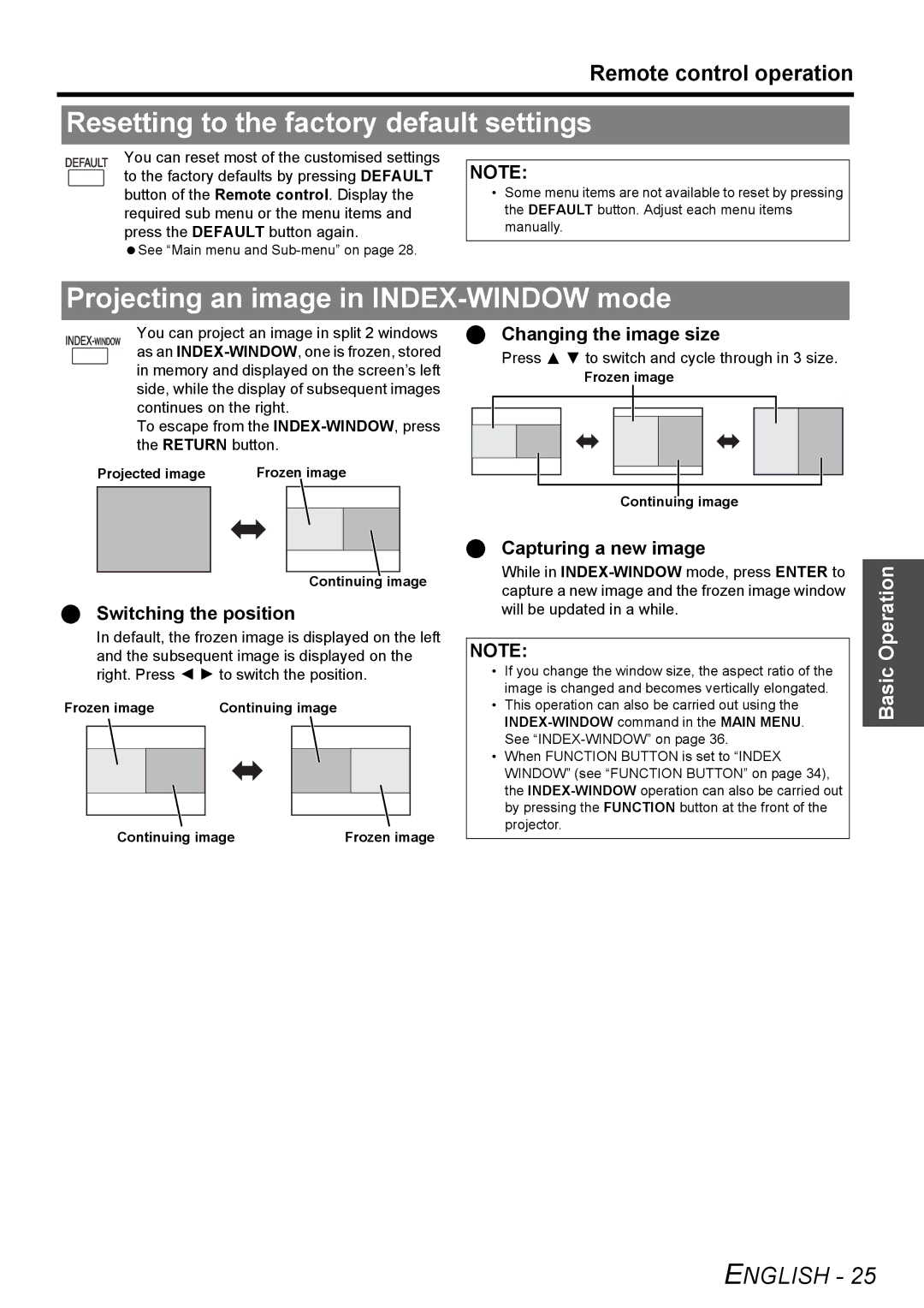 Philips PT-LB51SU manual Resetting to the factory default settings, Projecting an image in INDEX-WINDOW mode 