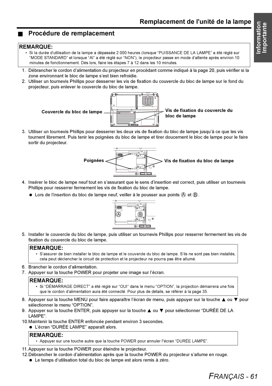 Philips PT-LB51SU Remplacement de lunité de la lampe Procédure de remplacement, Poignées Vis de fixation du bloc de lampe 