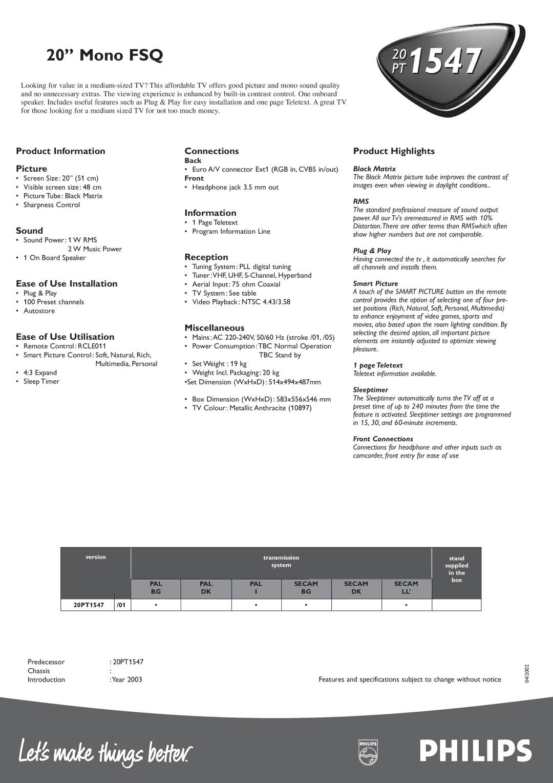 Philips PT154720 manual Product Information Picture, Sound, Ease of Use Installation, Ease of Use Utilisation, Connections 