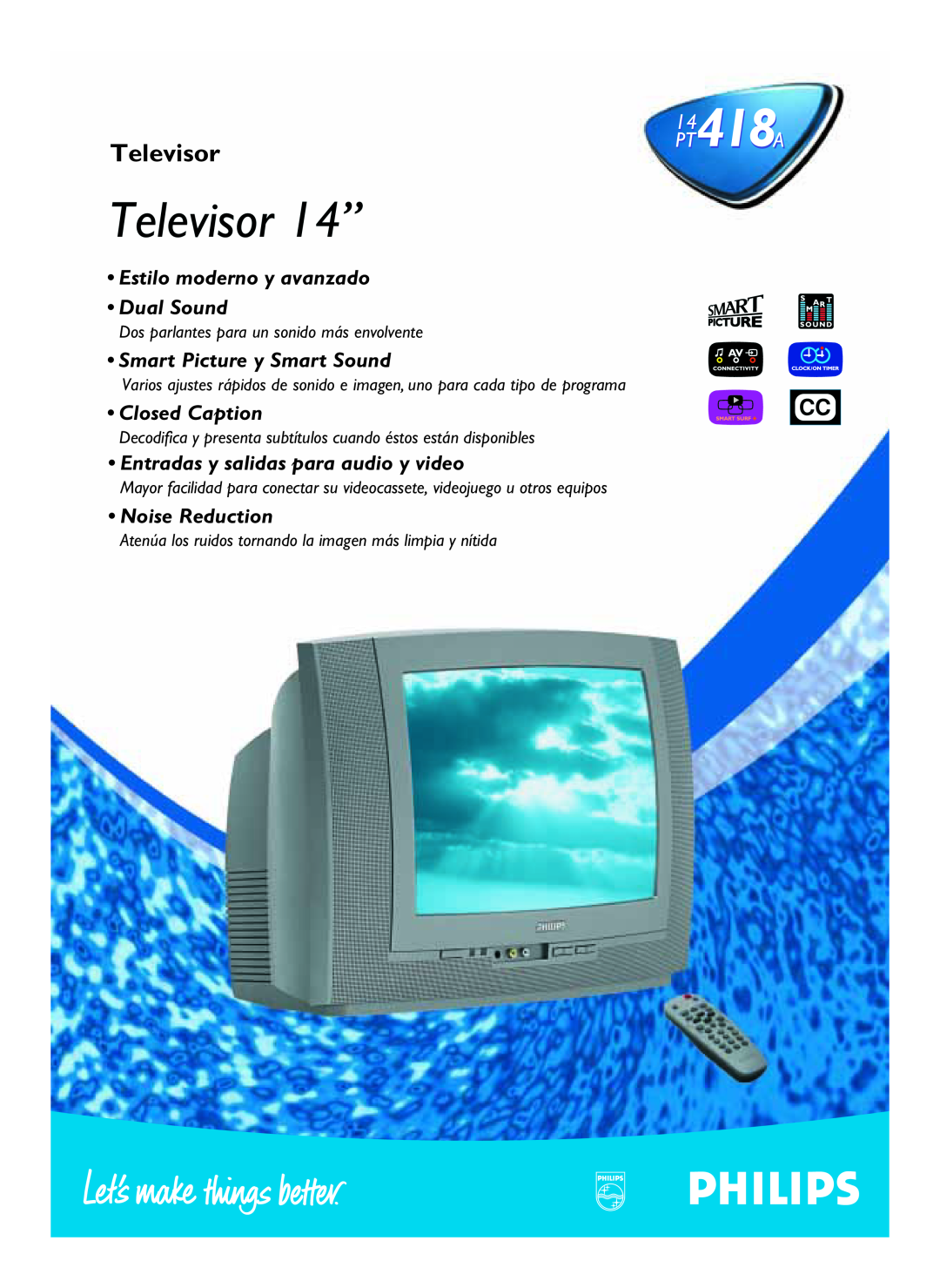 Philips PT418APT A manual 14418, Pt A, Televisor 14”, Estilo moderno y avanzado Dual Sound, Closed Caption 