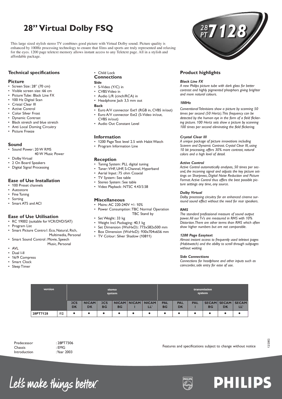 Philips PT7128 Technical specifications Picture, Sound, Ease of Use Installation, Ease of Use Utilisation, Connections 