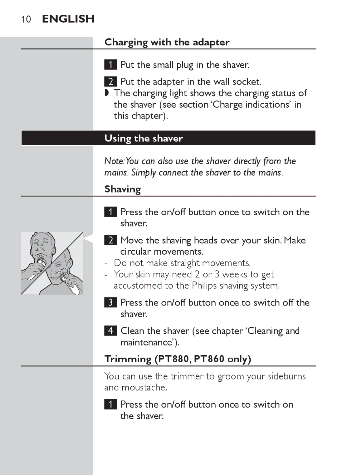 Philips PT728, PT722 manual Charging with the adapter, Using the shaver, Shaving, Trimming PT880, PT860 only 