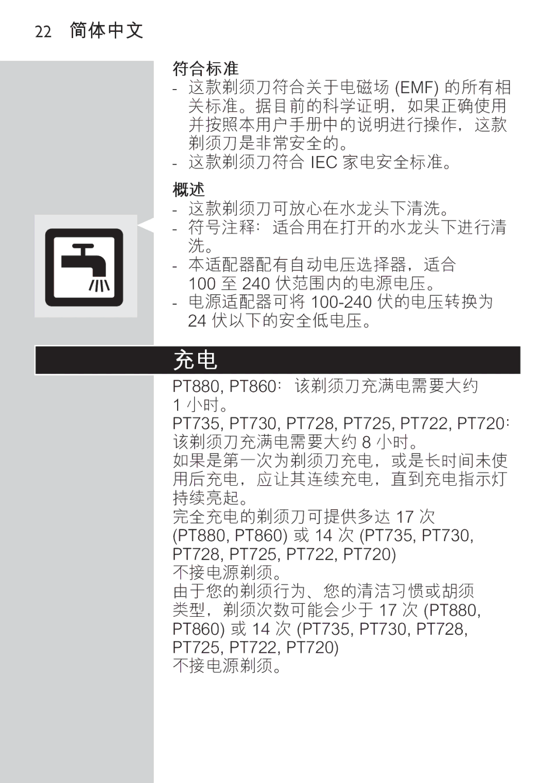 Philips PT728, PT722 manual 22 简体中文, 符合标准 