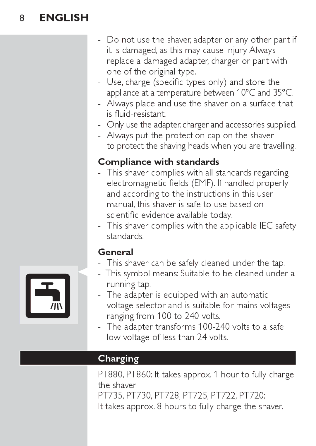 Philips PT728, PT722 manual Compliance with standards, General, Charging 