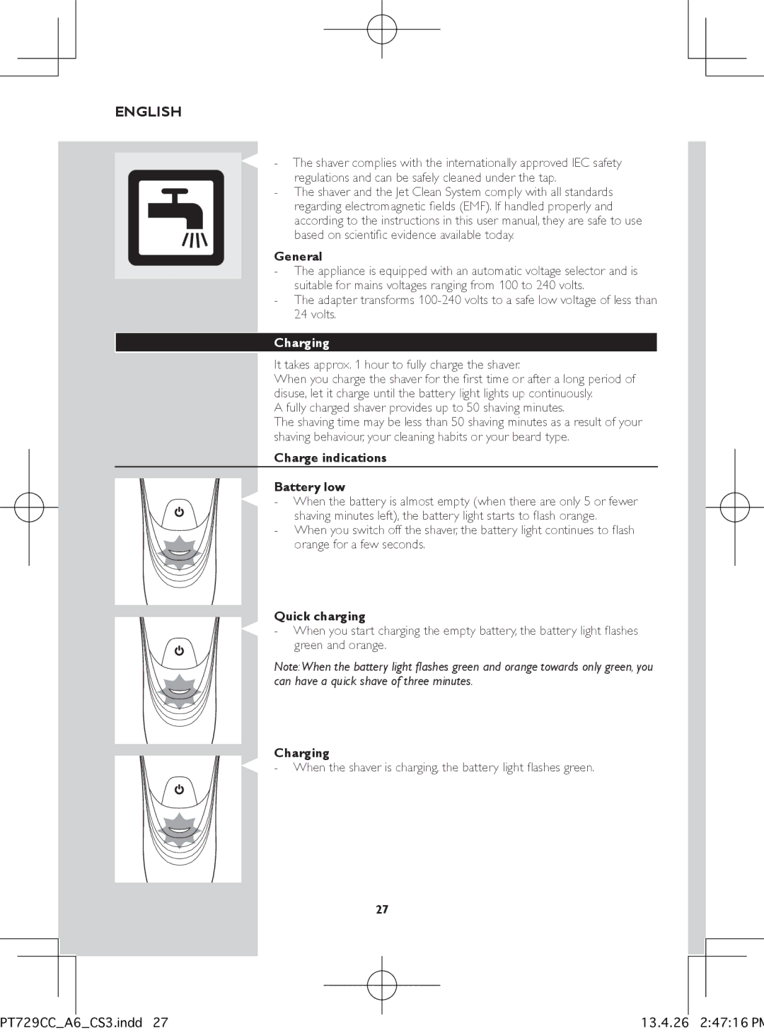 Philips pt729cc manual General, Charging, Charge indications Battery low, Quick charging 