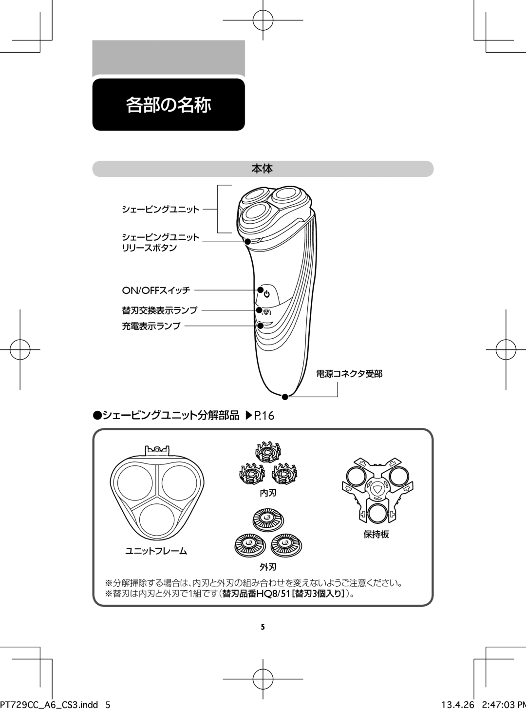 Philips pt729cc manual 各部の名称, シェービングユニット分解部品 P.16, シェービングユニット シェービングユニット リリースボタン, 替刃交換表示ランプ 充電表示ランプ 電源コネクタ受部 