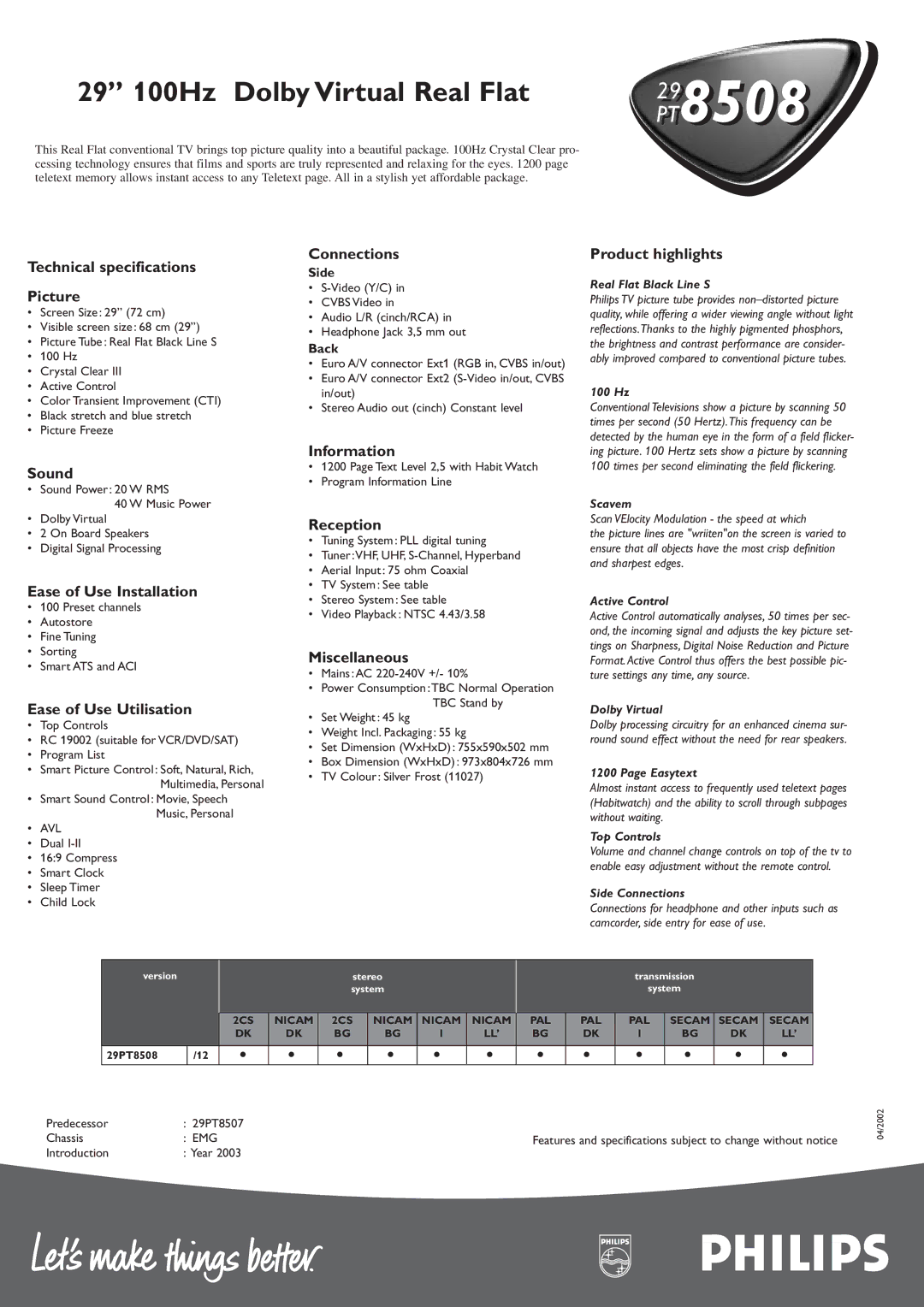 Philips PT850829 Technical specifications Picture, Sound, Ease of Use Installation, Ease of Use Utilisation, Connections 