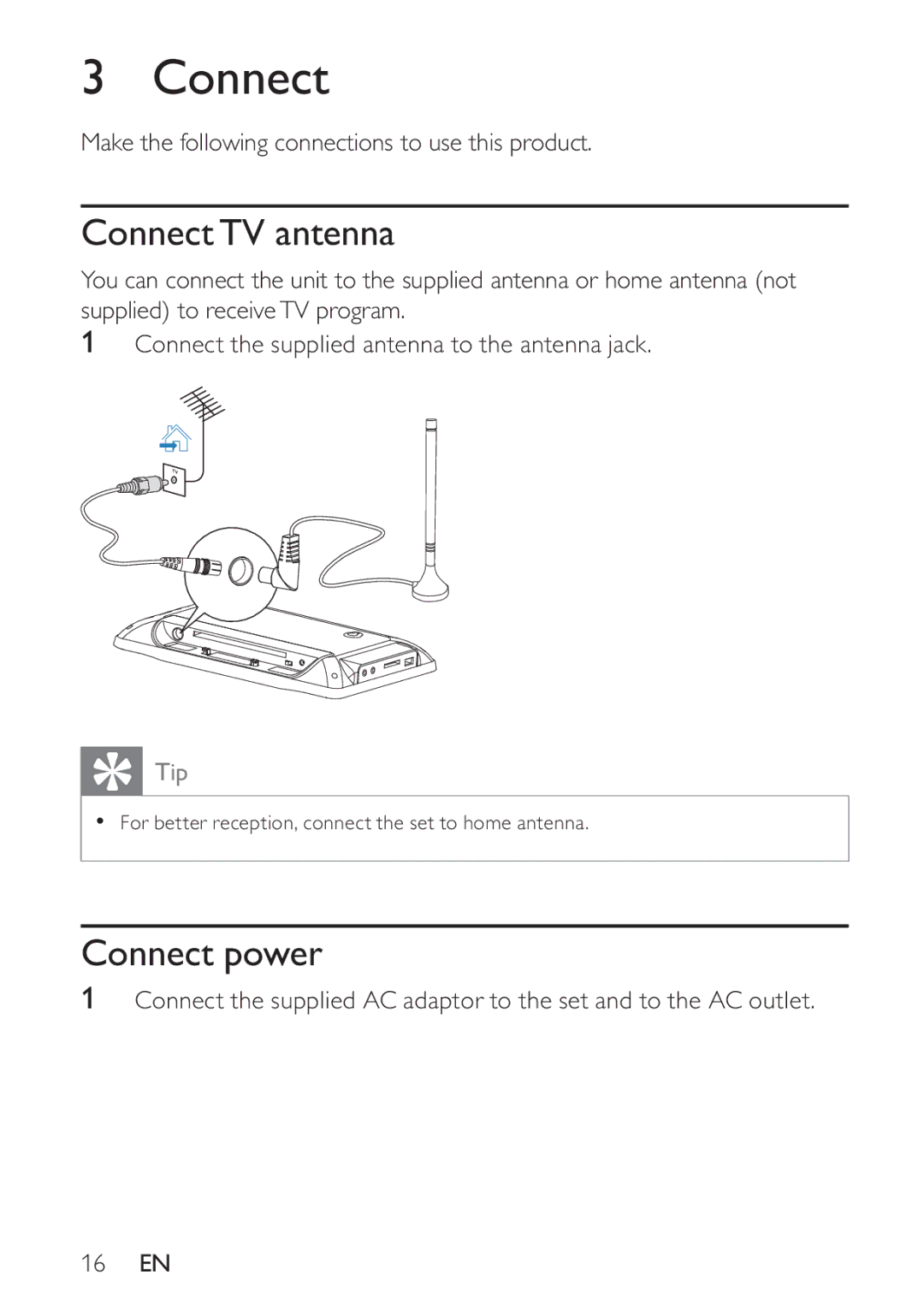 Philips PT9000/12 user manual Connect TV antenna, Connect power 