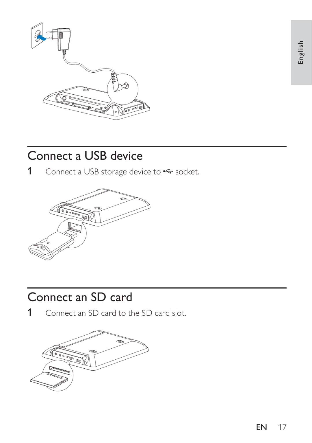 Philips PT9000/12 user manual Connect a USB device, Connect an SD card 