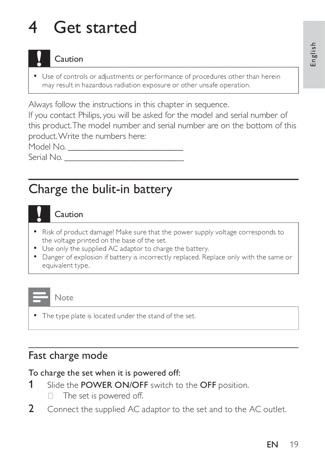 Philips PT9000/12 user manual Get started, Charge the bulit-in battery, Fast charge mode 