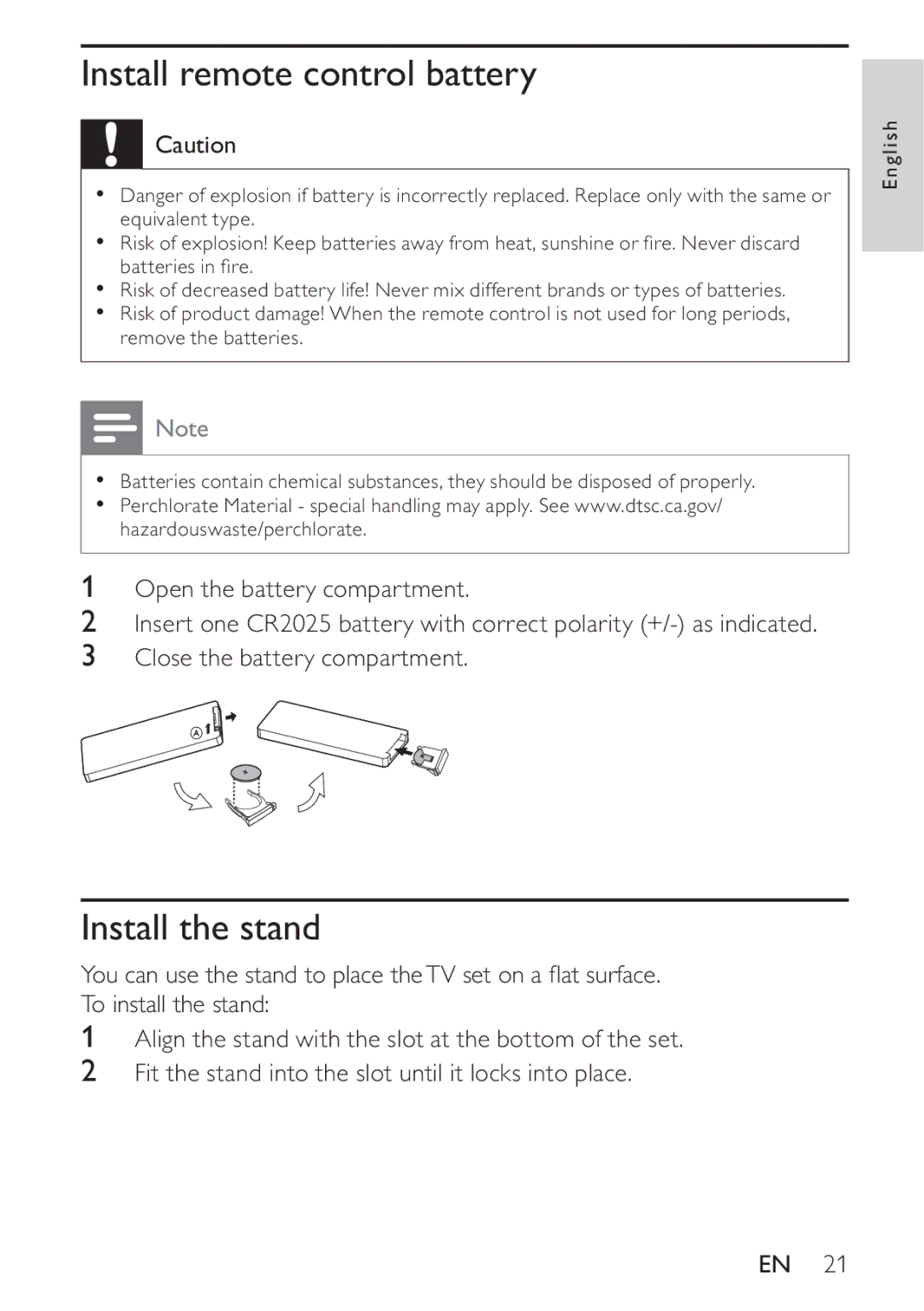 Philips PT9000/12 user manual Install remote control battery, Install the stand 