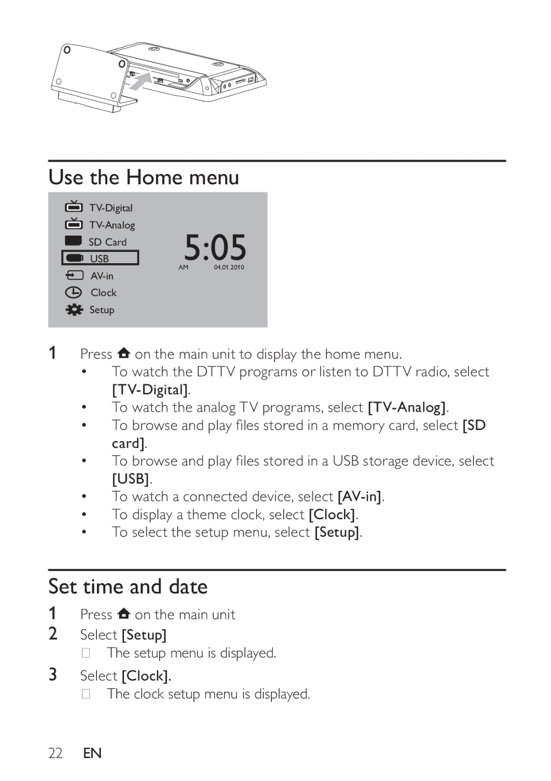 Philips PT9000/12 user manual Use the Home menu, Set time and date 