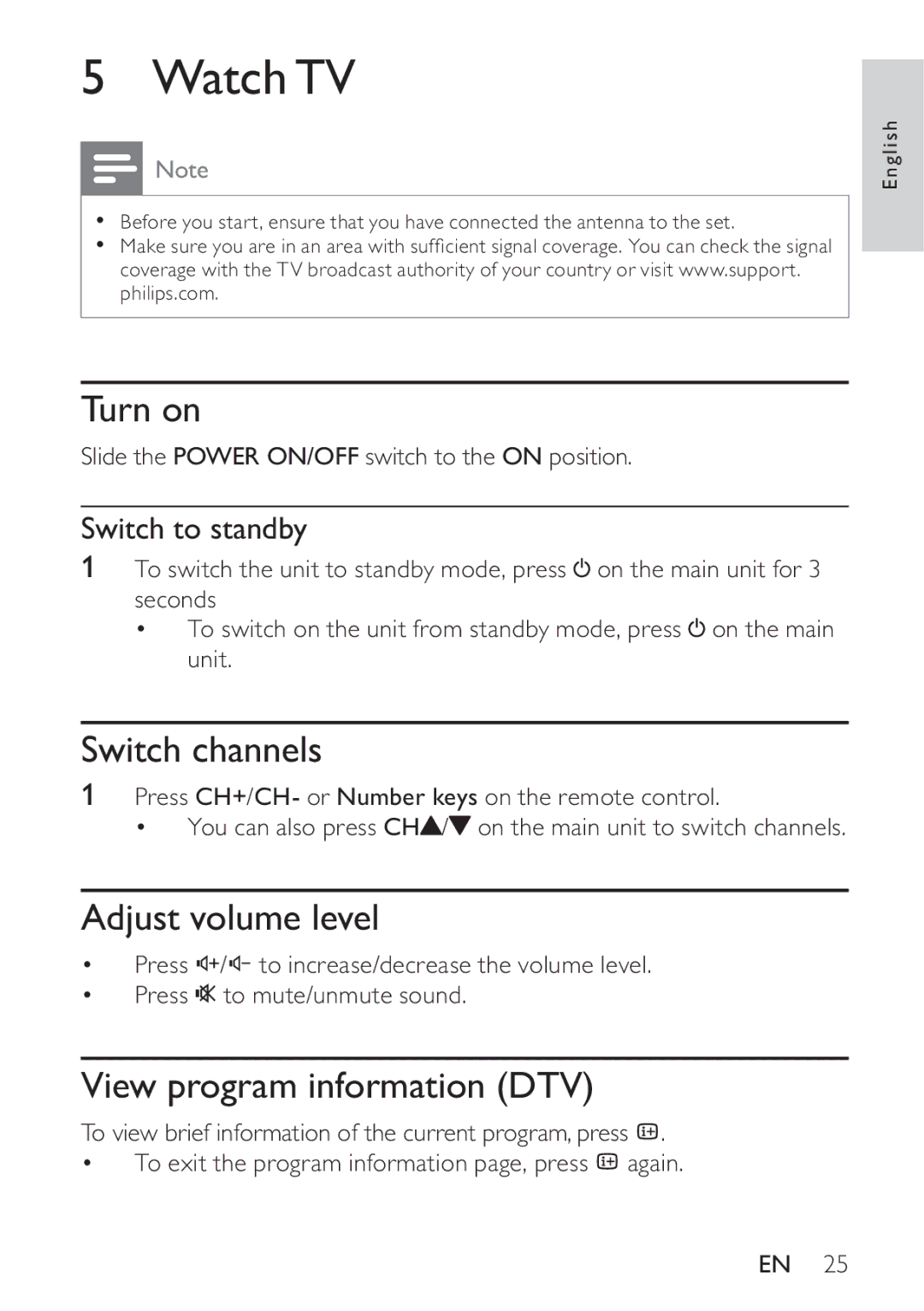 Philips PT9000/12 user manual Watch TV, Turn on, Switch channels, Adjust volume level, View program information DTV 