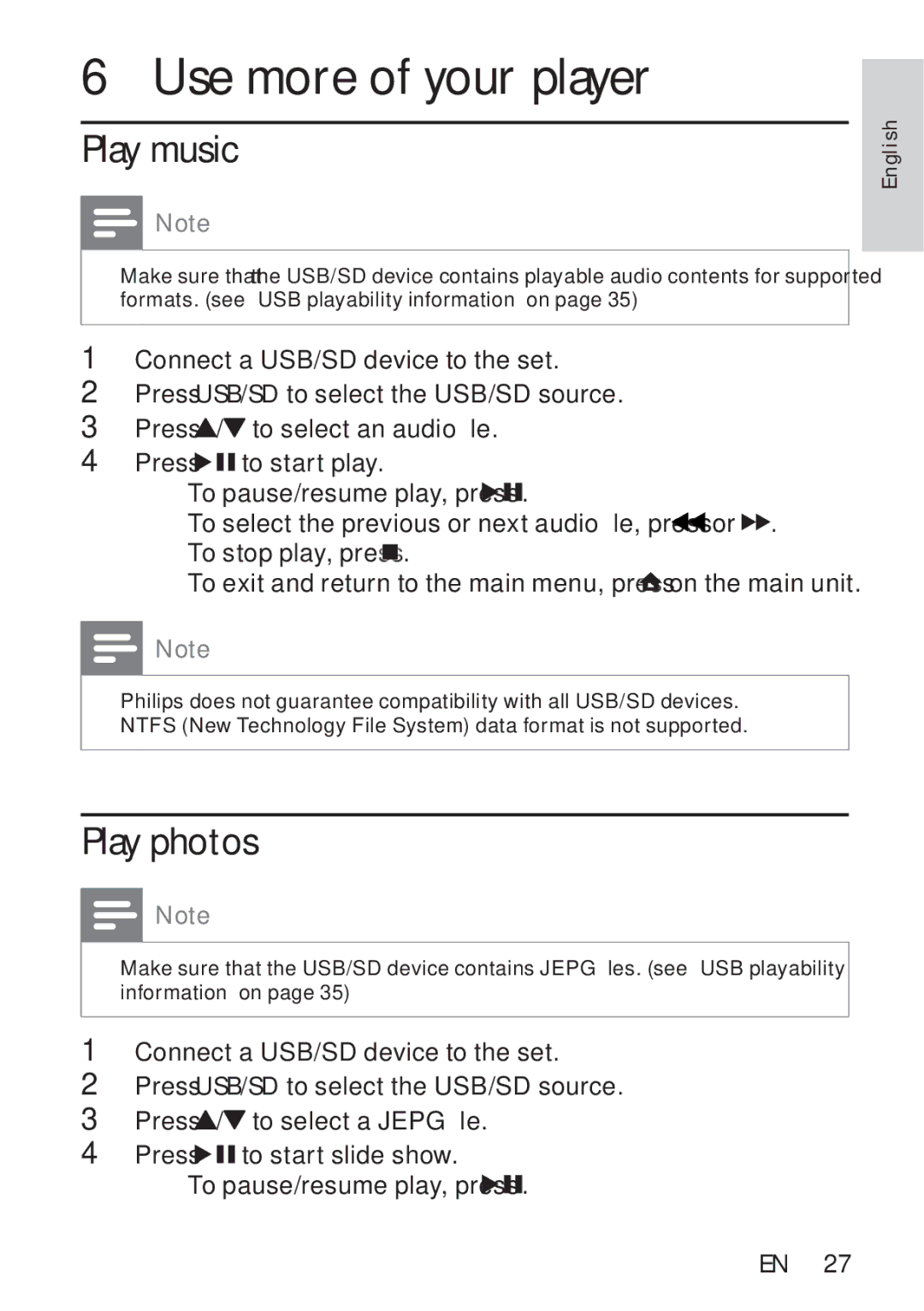 Philips PT9000/12 user manual Use more of your player, Play music, Play photos 