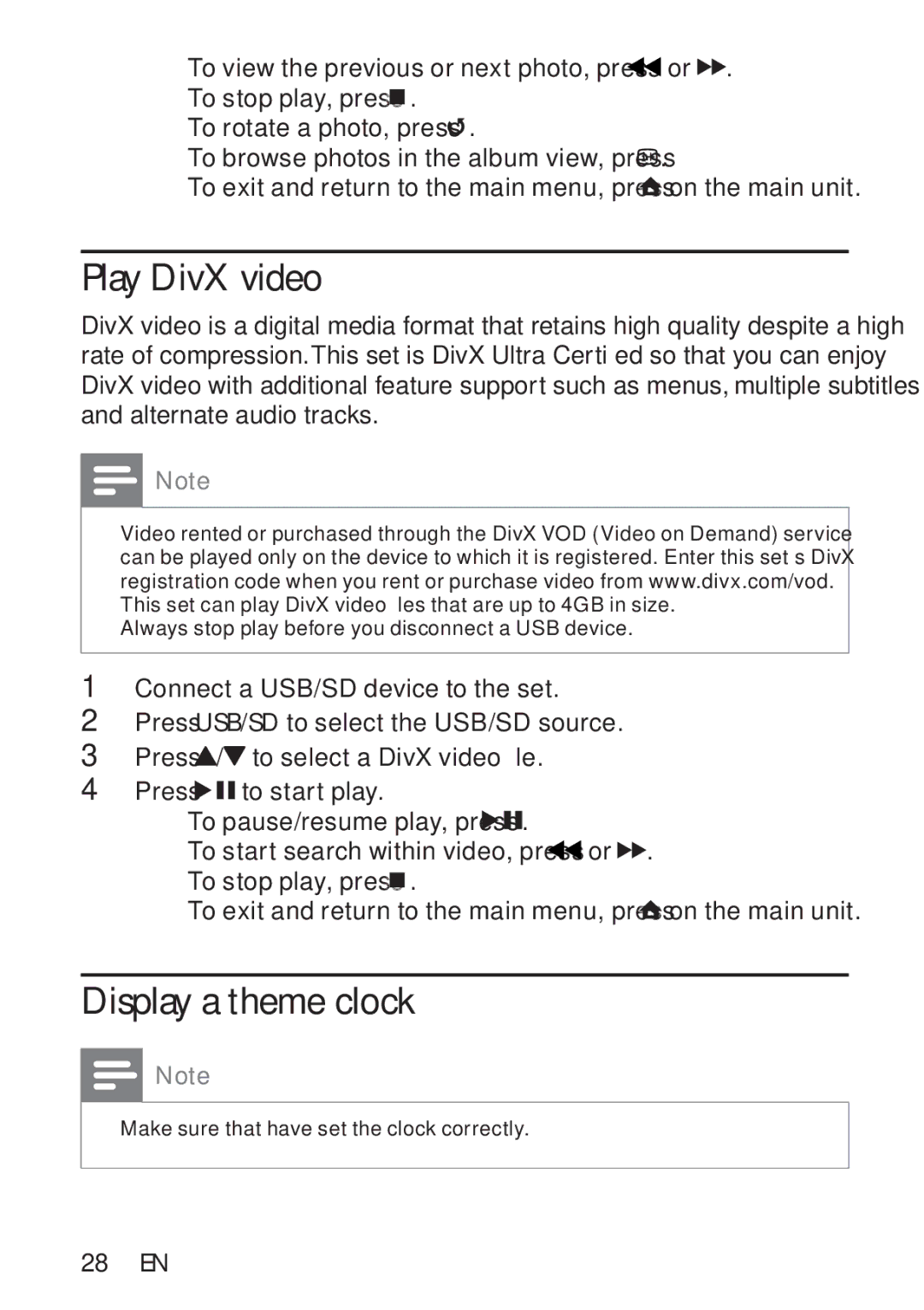 Philips PT9000/12 user manual Play DivX video, Display a theme clock 