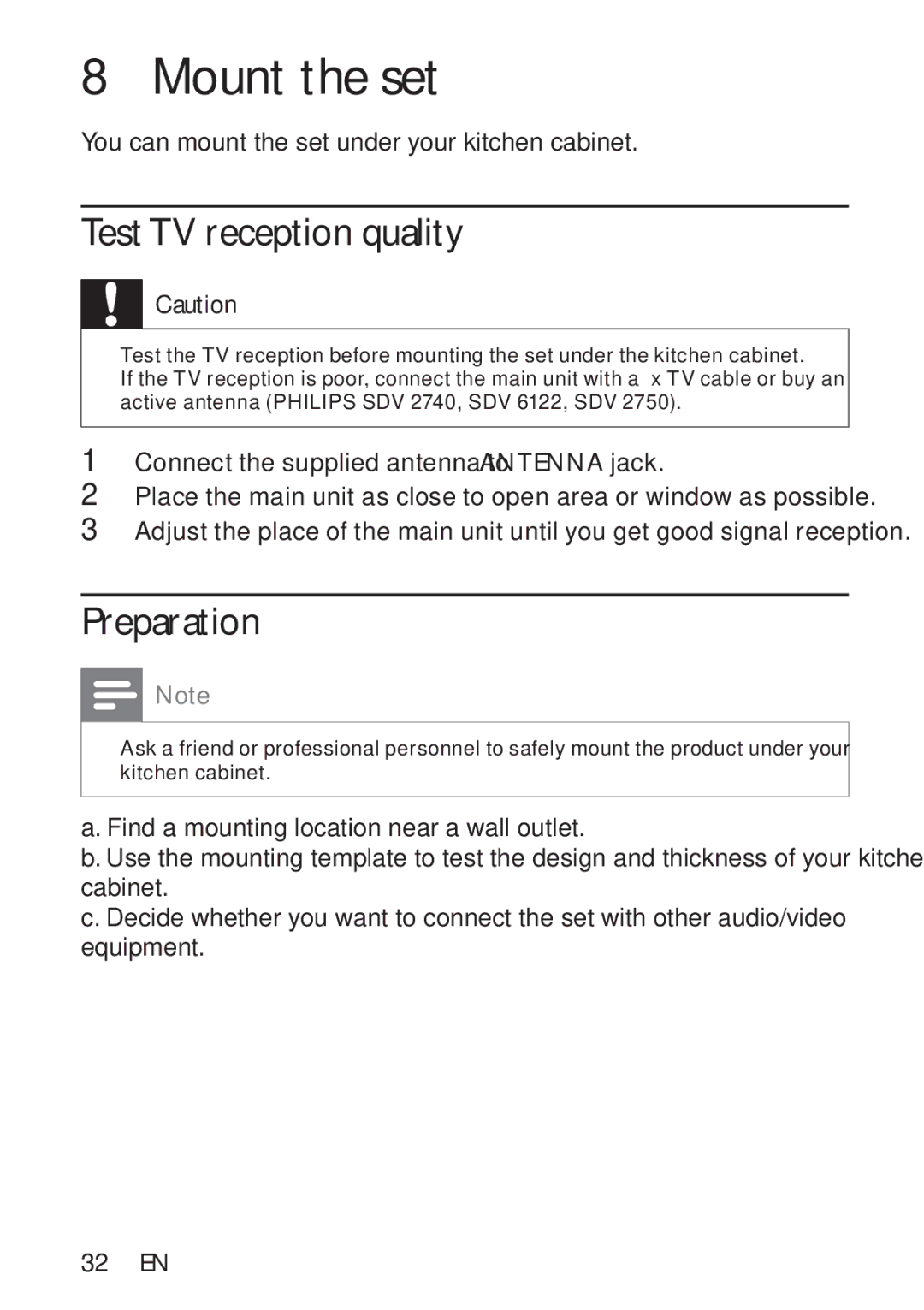 Philips PT9000/12 user manual Mount the set, Test TV reception quality, Preparation 