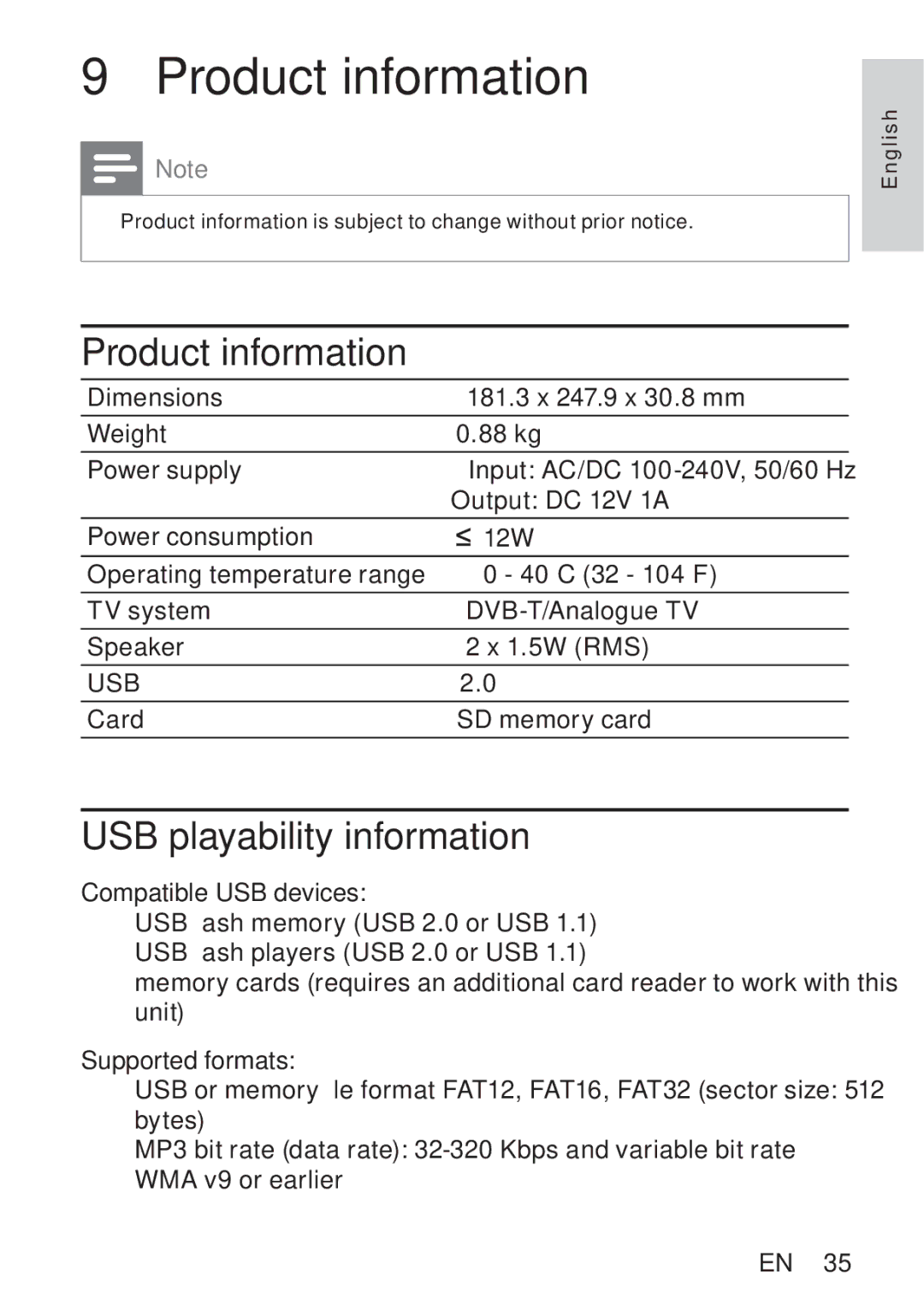 Philips PT9000/12 user manual Product information, USB playability information 