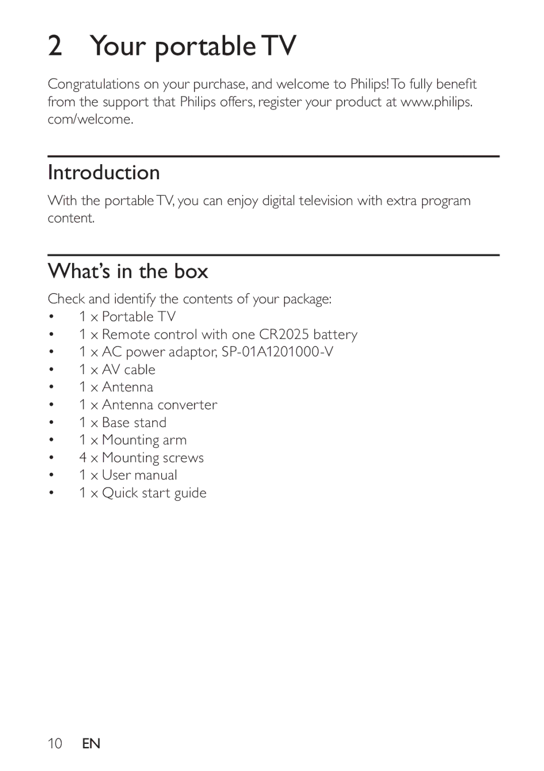 Philips PT9000/12 user manual Your portable TV, Introduction, What’s in the box 